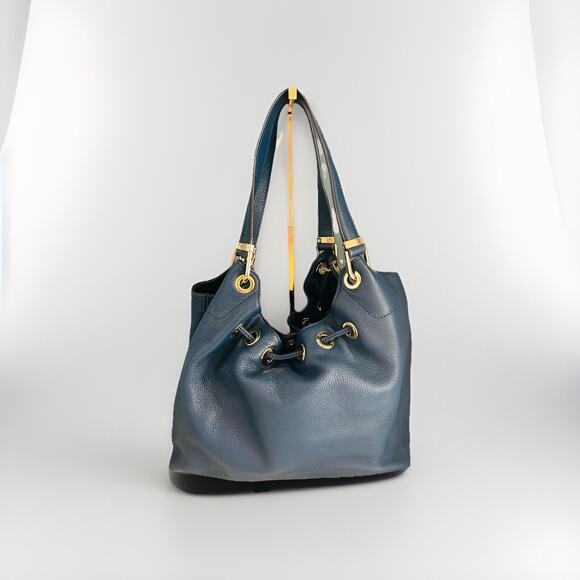 Michael Kors Navy Blue Camden Drawstring Leather Shoulder Bag Tassel Satchel MK - Picture 3 of 16